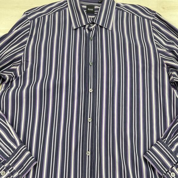 Hugo Boss Button Down Long Sleeve Dress Shirt Men XL Striped Purple Cotton - Picture 3 of 14